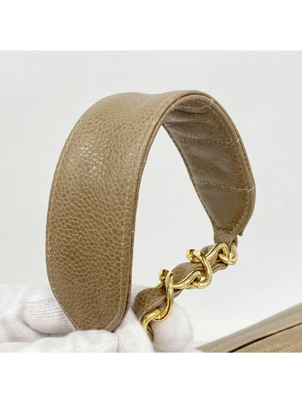Chanel Shoulder Bag Mademoiselle Jumbo CC Logo Caviar Leather Light Brown Gold